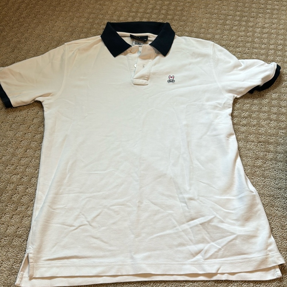 Psycho Bunny White Navy Blue Collar Polo Size Large Size 6 Great Condition!